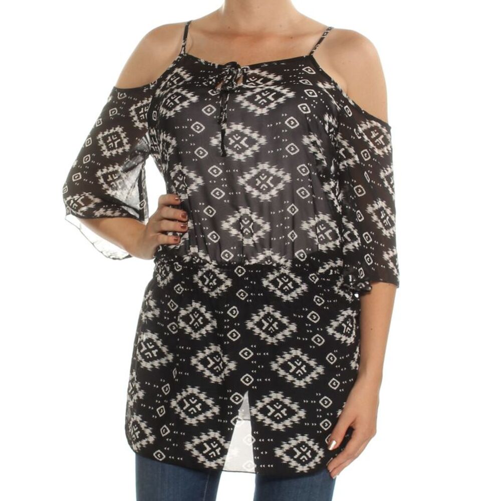 MIKEN SWIM Womens Top Tunic Black 3/4 Sleeve Scoop Neck Juniors M